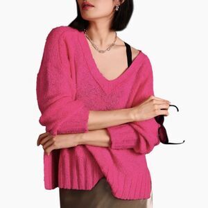Pilcro Anthropologie Oversized V-Neck Pink Sweater XS Textured Knit Barbiecore